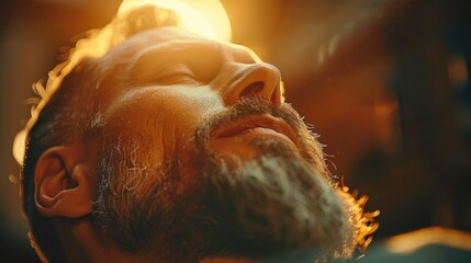 Aufkleber - A bearded man relaxes, eyes closed, basking in the warm glow of sunlight. The atmosphere is soothing as he savors a moment of peace and serenity in an inviting indoor space.