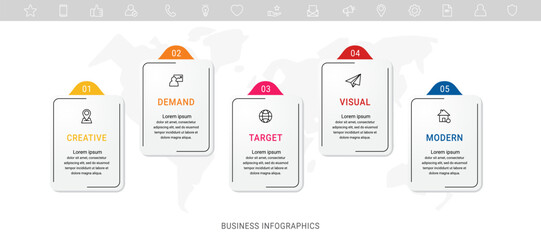 Wall Mural - Modern vector infographics with five rectangles. Business template with graphic 5 steps for diagram, web, banner, presentations, flowchart, content, levels, chart, graphic, timeline