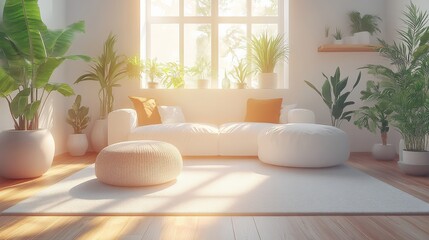 Wall Mural - Bright and airy living room with plants, cozy seating, and sunlight streaming through windows