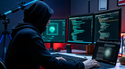 hands typing on laptop hacker concept programming code on screen representing software development perfect for coding it solutions digital technology web applications