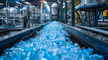 Aufkleber - A conveyor belt filled with blue plastic bottles moves through a large recycling facility with various machines and containers visible in the background, showcasing the recycling process.
