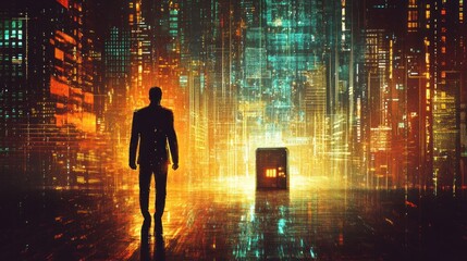 Wall Mural - man approaches glowing data vault in futuristic city; digital security concept