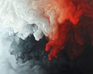 Fototapete - Close-up of swirling black, white, and red ink in water creating dramatic abstract patterns, symbolizing fluid motion, energy, and vibrant color mixing.