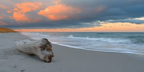 Wall Mural - Serene Sunset at the Beach Driftwood Rests on Sandy Shore as Waves Crash in the Distance