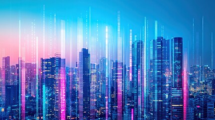 Wall Mural - futuristic city skyline, digital data streams, night, urban technology, website banner