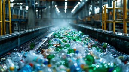 Aufkleber - A conveyor belt filled with a mixture of colorful plastic bottles traveling through a recycling facility, showcasing the separation process in action during daylight hours.
