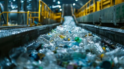 Aufkleber - Bottles and plastic debris fill the conveyor belt inside a recycling center where workers and machines actively sort and process waste materials during daytime operations.