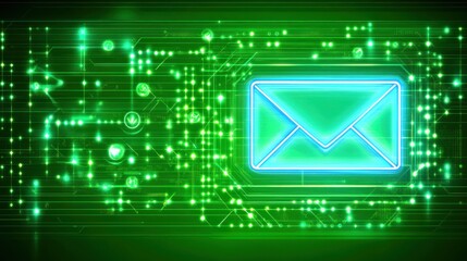 Wall Mural - glowing email icon on digital circuit board; network background; data transfer; tech marketing