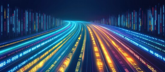 Wall Mural - data highway speeds through digital city, glowing lanes