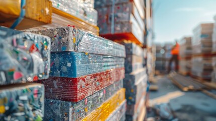Aufkleber - Brightly colored plastic sheets are neatly stacked at a recycling facility under clear sky. Workers can be seen organizing and sorting materials that are ready for processing.