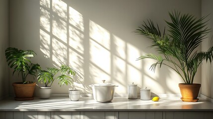 Wall Mural - Bright kitchen scene with potted plants, white cookware, and a lemon under soft sunlight