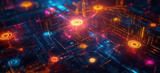 Wall Mural - futuristic digital network visualization with glowing circuits and data points, copy space for text