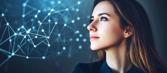 Wall Mural - woman looks at network; future tech