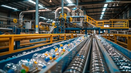 Aufkleber - A modern recycling facility operates efficiently as plastic bottles move along a conveyor belt, showcasing the industrial process of recycling in an organized environment.