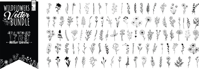 Collection of minimalistic simple floral elements. Flower vector. Flower Bundle Wildflowers Graphic sketch. Fashionable tattoo design. Flowers, grass and leaves. Botanical natural elements. 