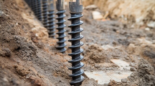The sturdy steel helical piles twist deep into the soil, their sharp edges cutting through the earth, showcasing precision in ground screw installation.
