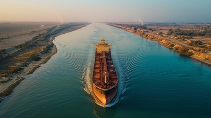Aufkleber - A large cargo ship navigates a calm waterway as the sun sets, reflecting warm colors on the water and showcasing a peaceful natural environment.