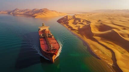 Aufkleber - A cargo ship sails smoothly through calm waters, bordered by expansive sandy dunes and distant mountains during the warm glow of sunset, showcasing a unique desert seascape.