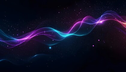 Wall Mural - Ethereal neon waves in vibrant pink & blue flow dots on starry dark background, cosmic & glowing visual effect