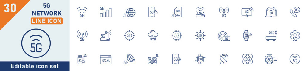 Wall Mural - 5g network line icon set. set of 30 outline icons related to 5g network, internet, signal, connectio
