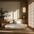© RaksaLinggo - The image presents a minimalist bedroom interior with a modern look