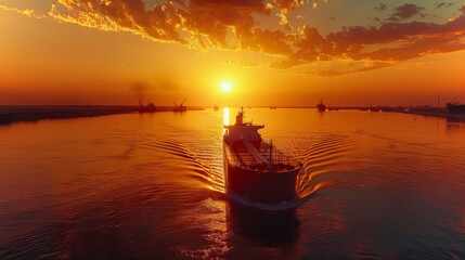Poster - A cargo ship travels through a serene waterway during sunset, creating ripples in the water as the sun casts a warm glow and vibrant reflections.