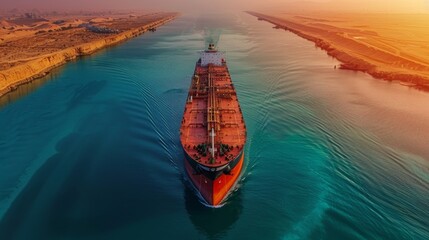 Aufkleber - A large cargo ship moves steadily through calm waters, with a vivid sunset illuminating the sky and reflecting on the water's surface, showcasing the serene beauty of the landscape.