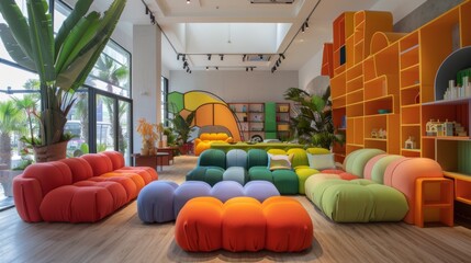 Poster - Brightly colored furniture creates a lively atmosphere in a modern lounge area with large windows letting in natural light, perfect for gathering or lounging with friends.