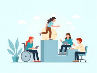 Wall Mural - Simple flat design icon Office workers with disabilities celebrating a project success concept as Office workers with various disabilities celebrating a project success together sh Clear