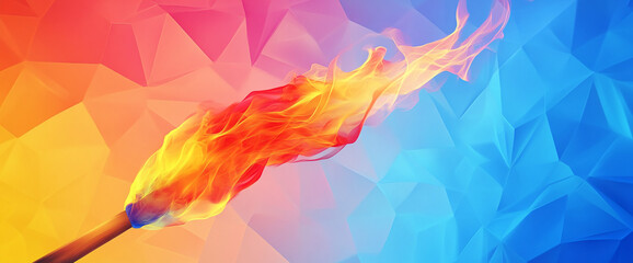 Wall Mural - Abstract digital image featuring bright, fiery orange and yellow flames blending into cool blue tones, representing the contrast between warmth and calm in a dynamic composition.