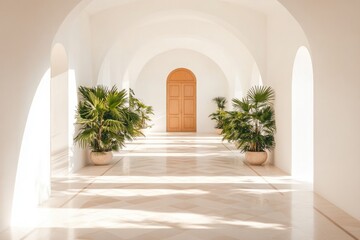 Wall Mural - Bright corridor features white walls, plants in pots, warm woode