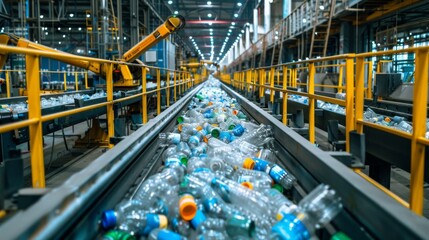 Poster - Conveyor belts in a recycling facility transport discarded plastic bottles, showcasing the process of recycling and promoting environmental sustainability in an industrial setting.