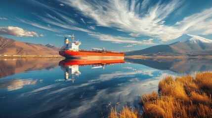 Aufkleber - A bright red cargo ship is anchored on a tranquil lake, reflecting the surrounding mountains and colorful clouds during sunset, creating a stunning natural landscape.