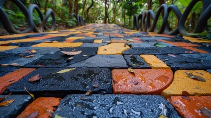 Leinwandbilder - Colorful paving stones in shades of orange, yellow, and black create a charming walkway in a serene garden, surrounded by greenery and glistening droplets from recent rain.
