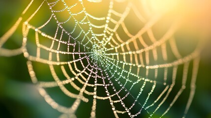 Macro shot of a dew-covered spider web highlights realistic strands and dew drops in soft golden morning light against a green background, offering an intricate close-up view of nature’s detail.