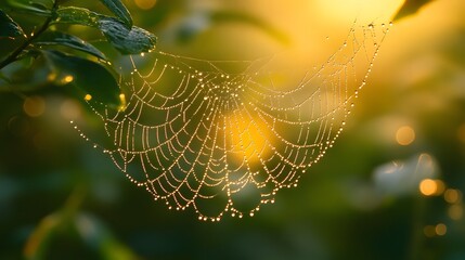 Macro shot of a dew-covered spider web highlights realistic strands and dew drops in soft golden morning light against a green background, offering an intricate close-up view of nature’s detail.