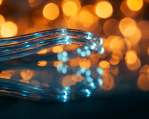 Wall Mural - close-up of illuminated fiber optic cables on a reflective surface with a blurred orange bokeh light