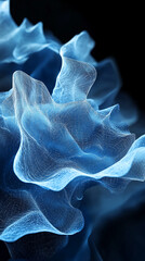Fototapete - Close-up of flowing translucent blue fabric with intricate lines and textures against a dark background, symbolizing movement, softness, and elegance in abstract design.