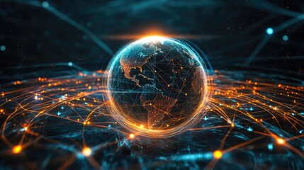 Poster - A glowing globe encircled by digital connections and figures, representing the modern age of global communication, networking, and technology