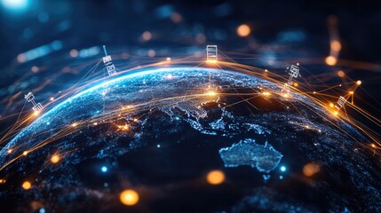 Poster - A glowing globe encircled by digital connections and figures, representing the modern age of global communication, networking, and technology