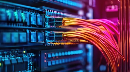 Poster - A high-tech server rack with network cables in distinct colors neatly connected to a switch panel, offering a clear and efficient data network setup