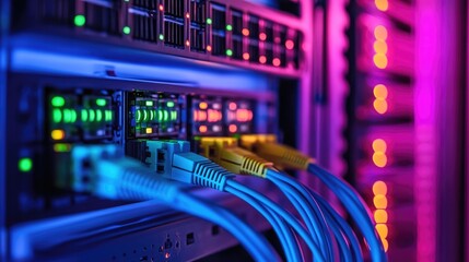 Poster - A high-tech server rack with network cables in distinct colors neatly connected to a switch panel, offering a clear and efficient data network setup