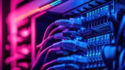Poster - A high-tech server rack with network cables in distinct colors neatly connected to a switch panel, offering a clear and efficient data network setup