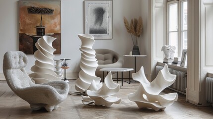 Aufkleber - Elegant living room showcasing sculptural furniture pieces that blend art and functionality, illuminated by natural light through large windows, creating a serene atmosphere.