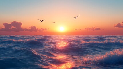 Wall Mural - sunset over the ocean features realistic soft waves and flying seagulls in warm golden light with or