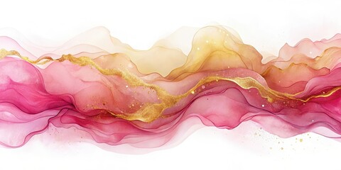 Wall Mural - Gradient pink and gold alcohol ink waves isolated on a white background, with soft movement and subtle texture , wave, gold,  wave