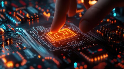 Poster - A person interacting with an AI icon embedded in a semiconductor circuit, representing machine learning and advanced technology