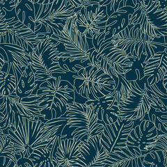 Wall Mural - tropical monstera and palm outline leaves foliage patchwork wallpaper abstract vector seamless patte