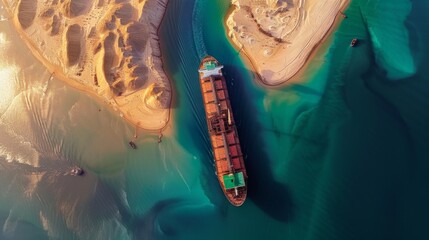Aufkleber - A cargo ship moves carefully through turquoise waters next to sandy beaches under a stunning sunset, showcasing a picturesque coastal scene and gentle waves.