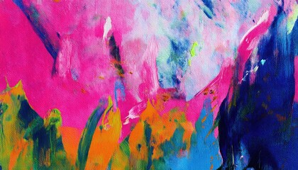 Aufkleber - vibrant abstract acrylic painting with bold pink, blue, and orange brushstrokes on textured canvas for modern wall art